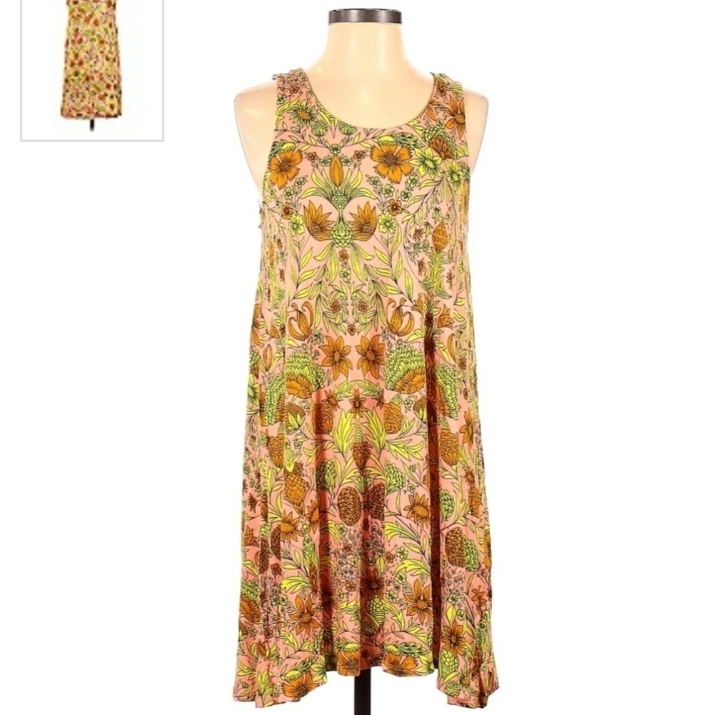 H&M Retro 70s Floral Sleeveless Shift Dress Pink Yellow Women's Small S Boho EUC